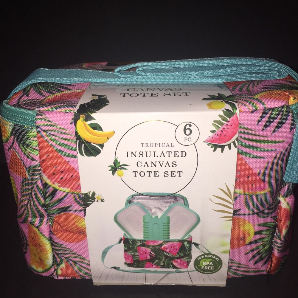 6pc Tropical insulated Canvas Tote Lunch Bag Set